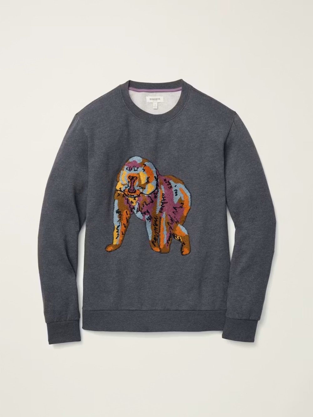 Bonobos Charcoal Crewneck Sweater with Multicolor Gorilla Graphic NWT Size L